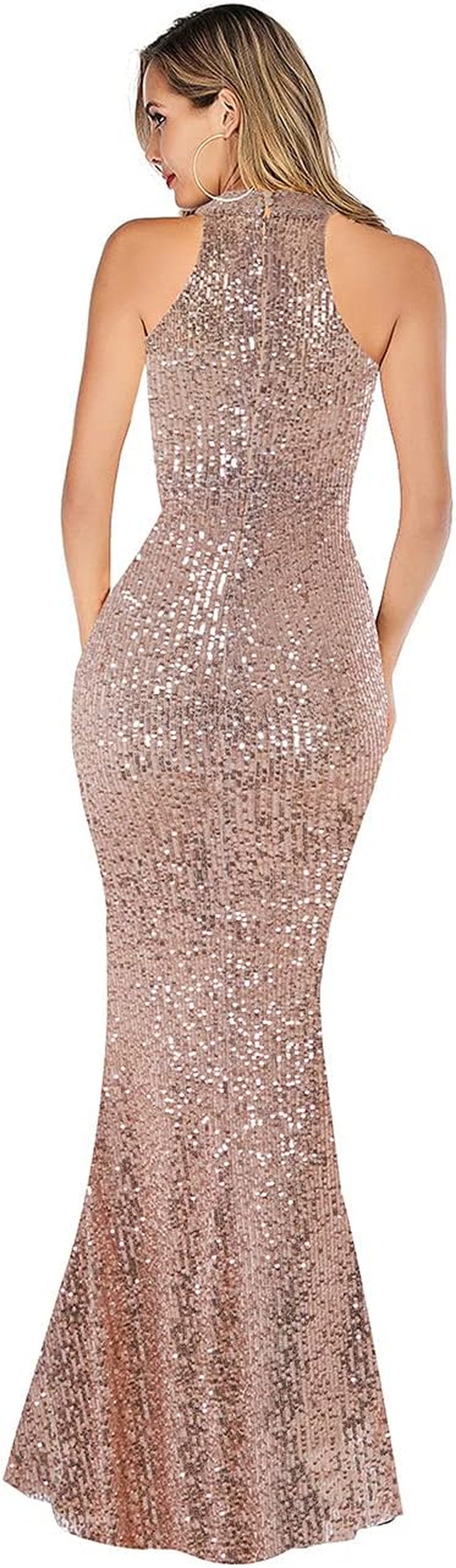 Women Evening Party Dress Sequin Sleeveless Dress Halter Neck Maxi Long Dress Formal Party Prom Gowns