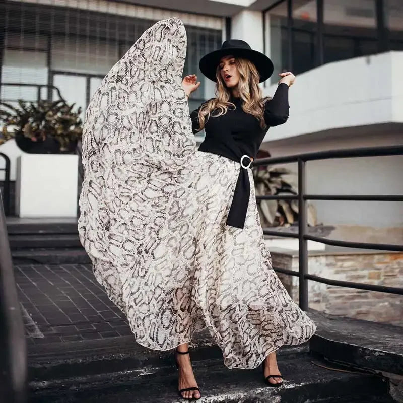 Snake Printed Maxi Chiffon Skirts Women Streewear High Quality Women Skirts New Boho Summer Skirts